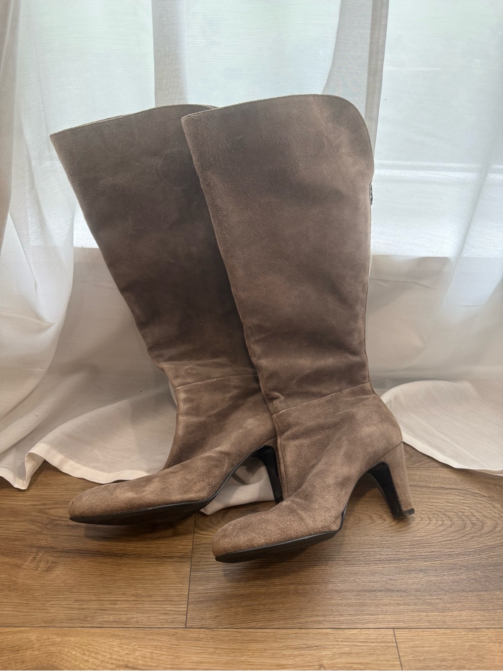 Bandolino Taupe Suede Mid-Calf Heeled Boots with Tassel Zipper